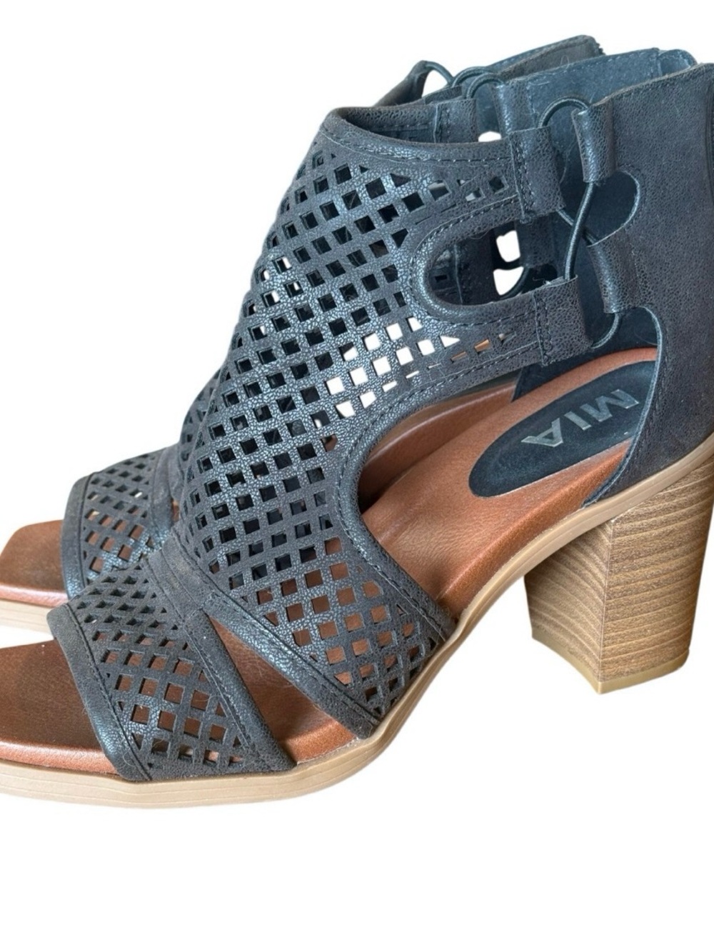 Mia Black Caged Block Heel Sandals Womens Size 7 Laser Cut Open Toe